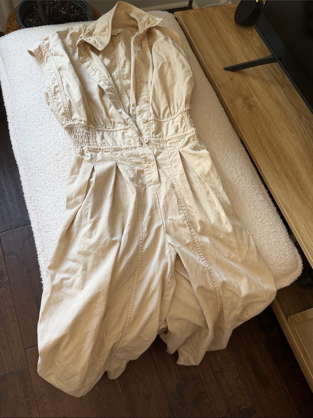 Anthropologie Cream Utility Jumpsuit with Button Front